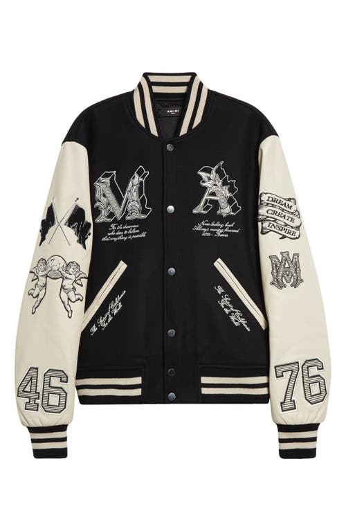 Angel Graphics Oversize Leather Sleeve Wool Blend Varsity Jacket in Black