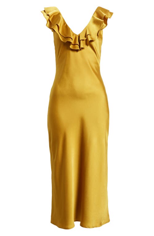 Shop Wayf Lida Ruffle Cap Sleeve Satin Midi Dress In Gold