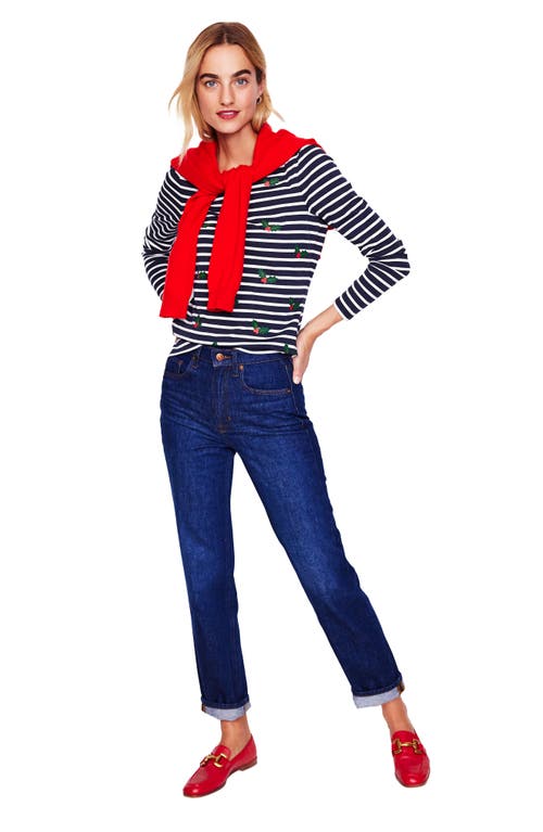 Shop Boden Ella Holiday Stripe Long Sleeve Cotton T-shirt In Navy Holly Stripe