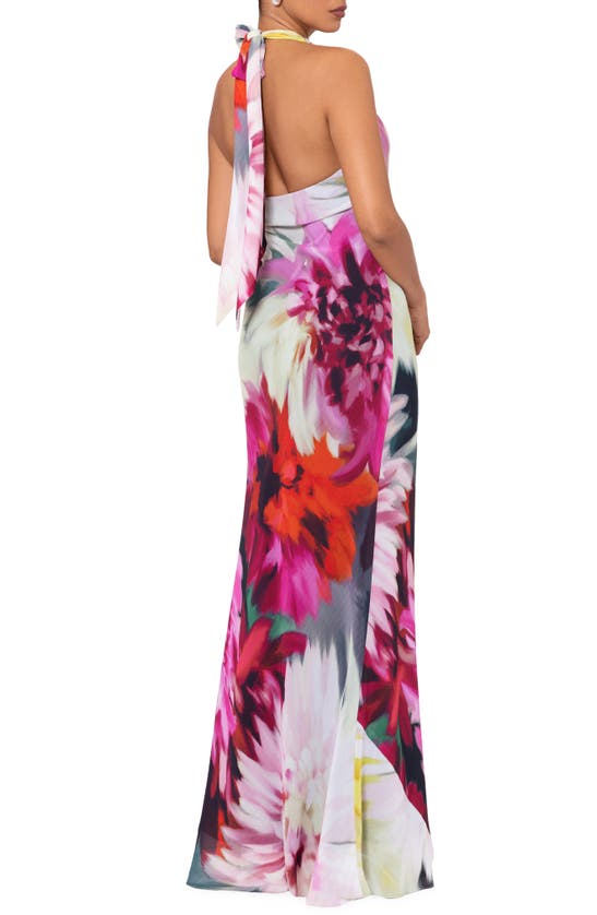 Betsy & Adam Floral Halter Gown In Fuchsia/ Blush