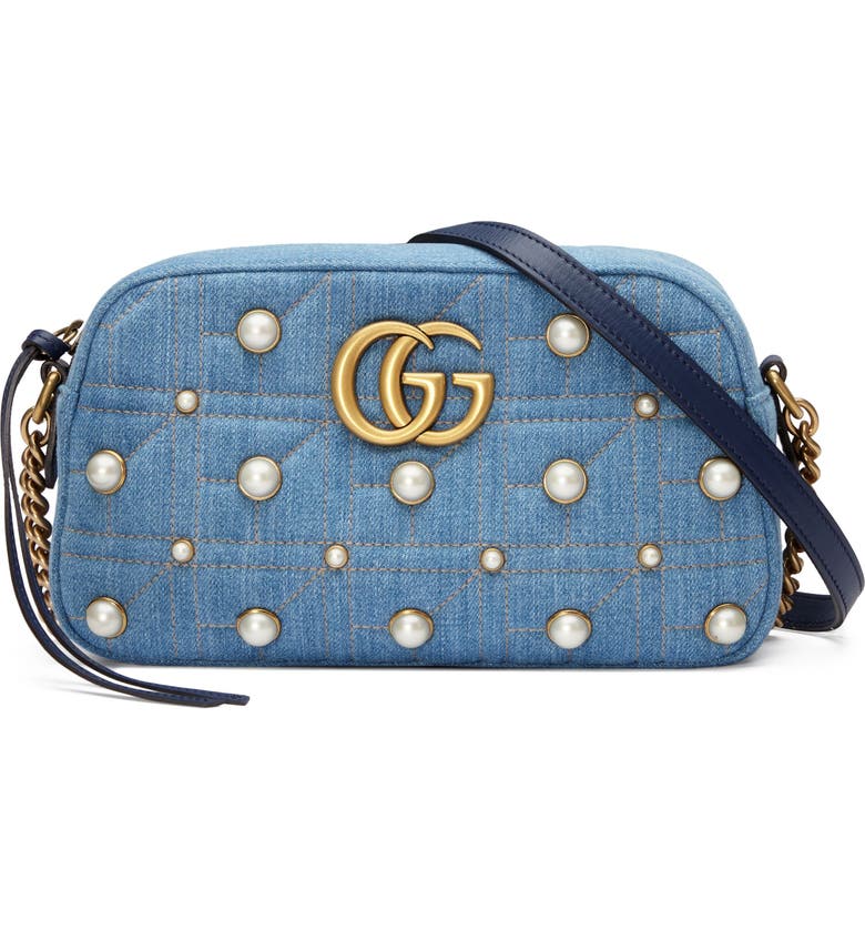 Gucci Marmont 2.0 Imitation Pearl Embellished Denim Camera Bag | Nordstrom