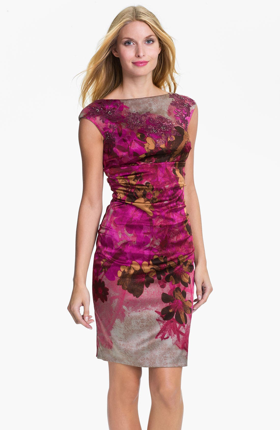 Kay Unger Print Beaded Yoke Sheath Dress Nordstrom