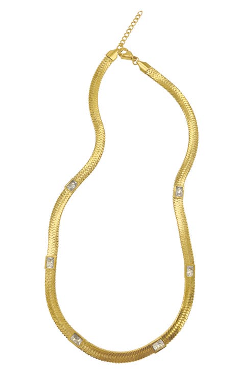 Water Resistant Baguette Crystal Herringbone Chain Necklace