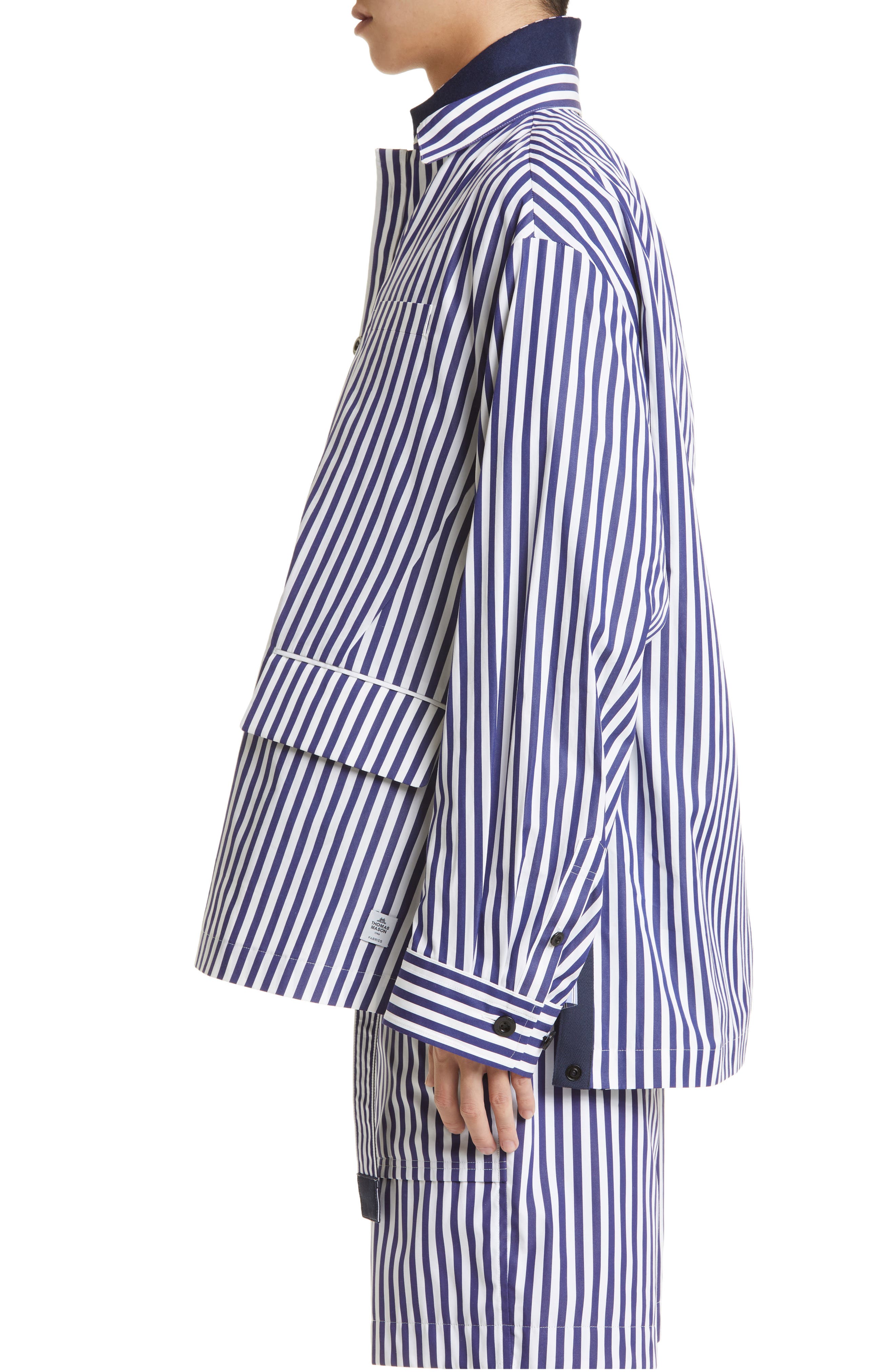 Sacai x Thomas Mason Stripe Cotton Poplin Shirt Jacket in Navy