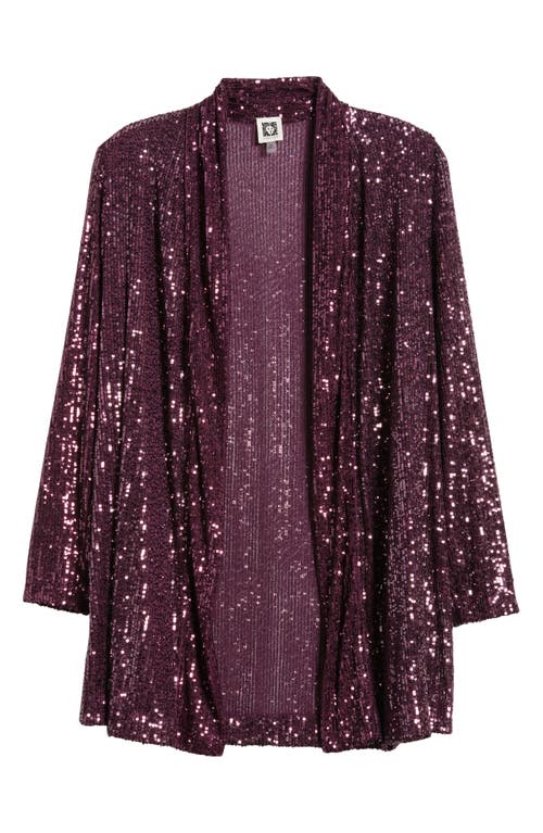 Shop Anne Klein Sequin Draped Open Front Cardigan In Deep Plum