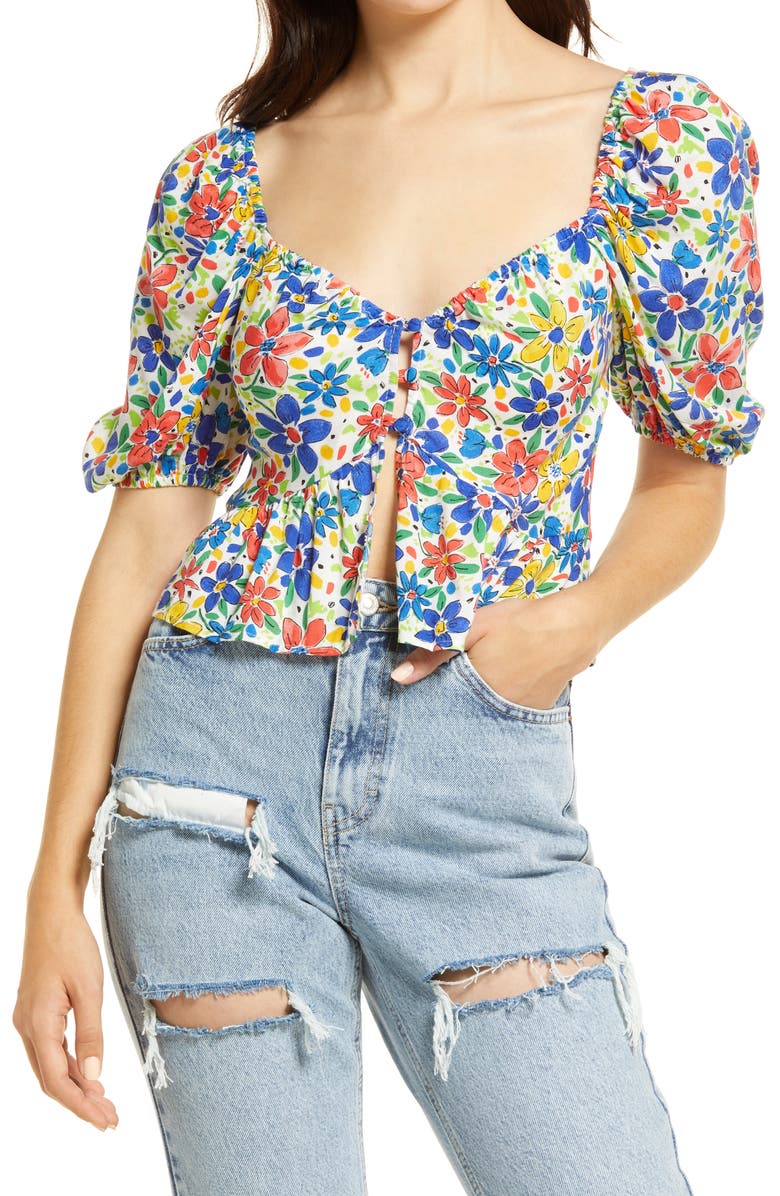TOPSHOP Floral Puff Sleeve Blouse, Main, color, WHITE MULTI