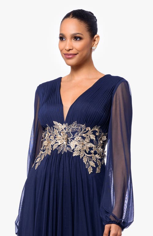 Shop Betsy & Adam Metallic Floral Appliqué Long Sleeve Gown In Navy/gold