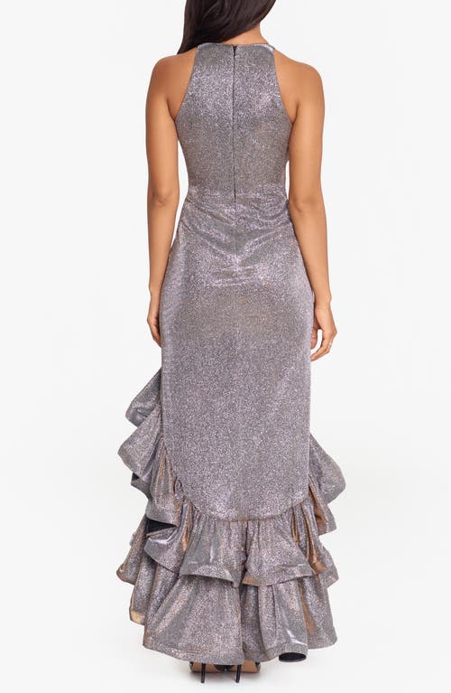 BETSY & ADAM BETSY & ADAM GALAXY GLITTER RUFFLE HIGH-LOW COCKTAIL DRESS 