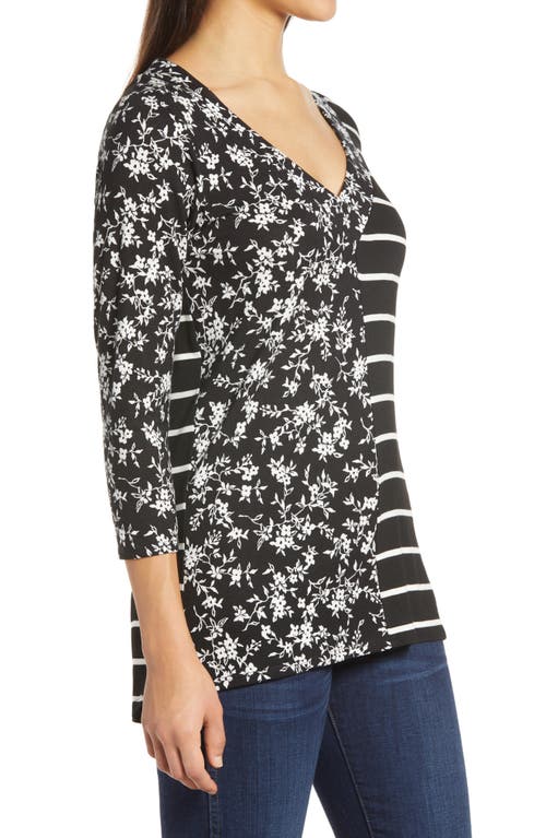 Shop Loveappella Floral Stripe Top In Black/ivory