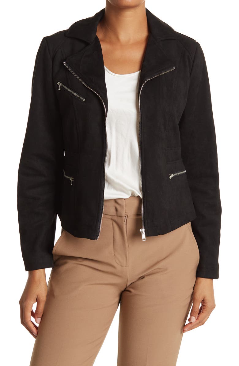 OOKIE AND LALA Faux Suede Cropped Moto Jacket, Main, color, BLACK