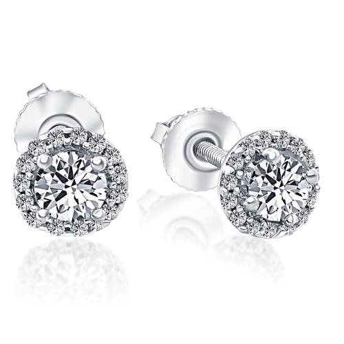 Bliss Diamond 1/2 Ct Halo Diamond Studs With Screw Backs Gold Lab Grown In 10k White Gold