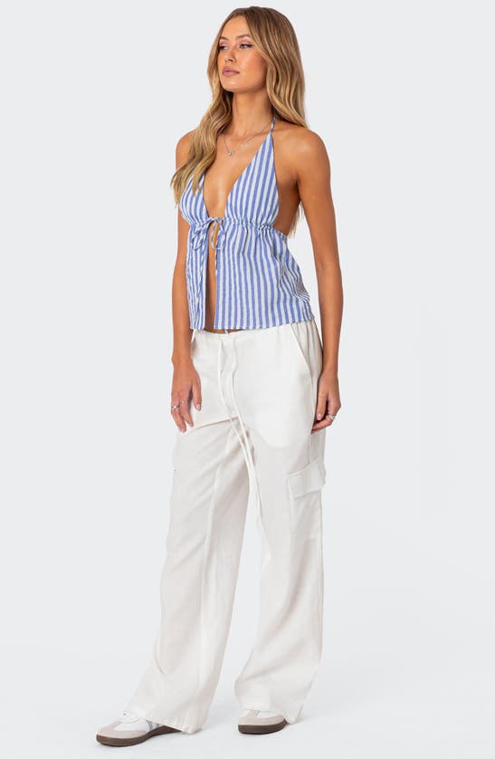 Shop Edikted Madelyn Stripe Tie Front Cotton Halter Top In Blue-and-white