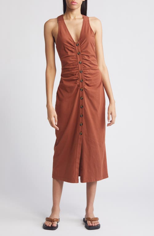 Treasure & Bond Shirred Front Button Sleeveless Organic Cotton Midi Dress In Rust Sequoia