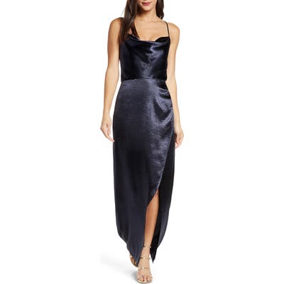 Wayf The Molly Cowl Neck Rumpled Satin Gown, Blue