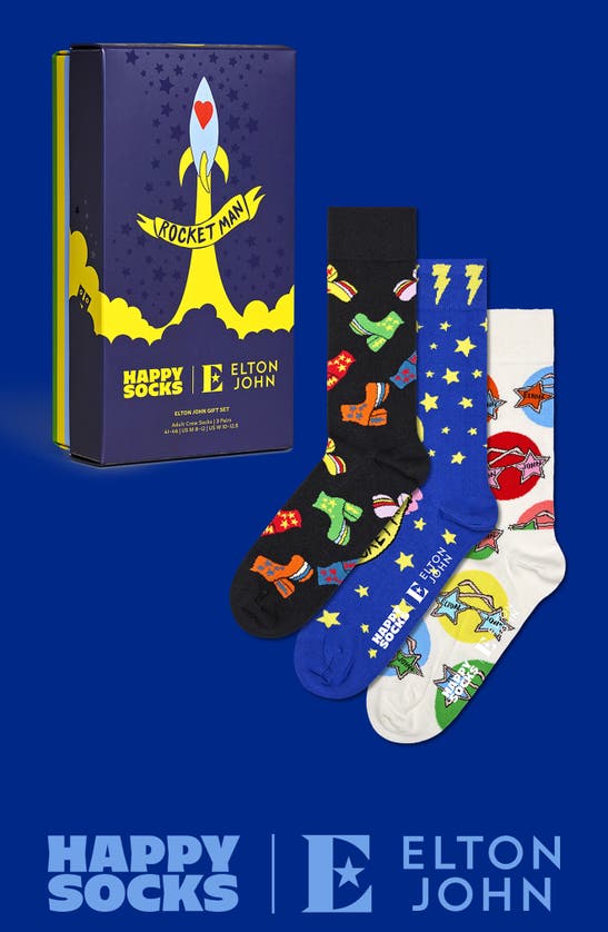 Shop Happy Socks X Elton John Rocket Man Assorted 3-pack Crew Socks In Black Multi