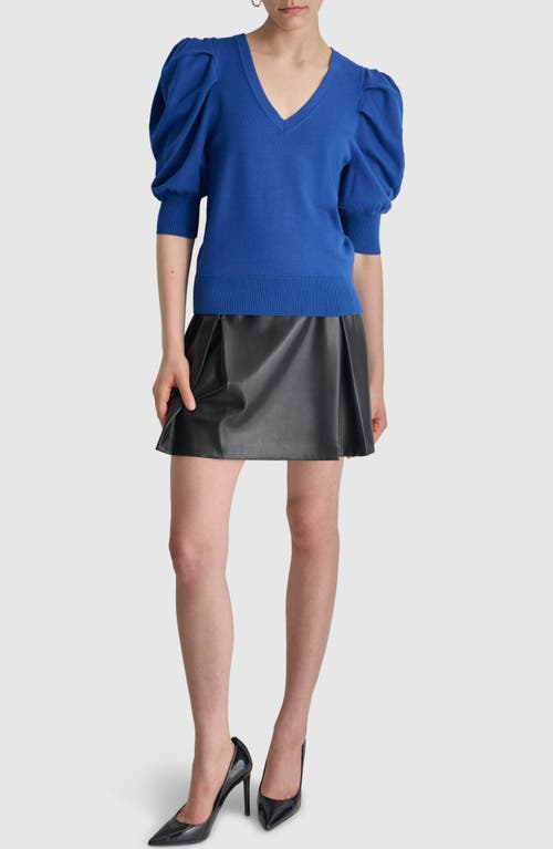 Shop Dkny Puff Sleeve V-neck Sweater In Lapis Blue