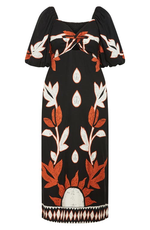 Shop City Chic Botantical Print Twist Cutout Puff Sleeve Dress In Nala Placement