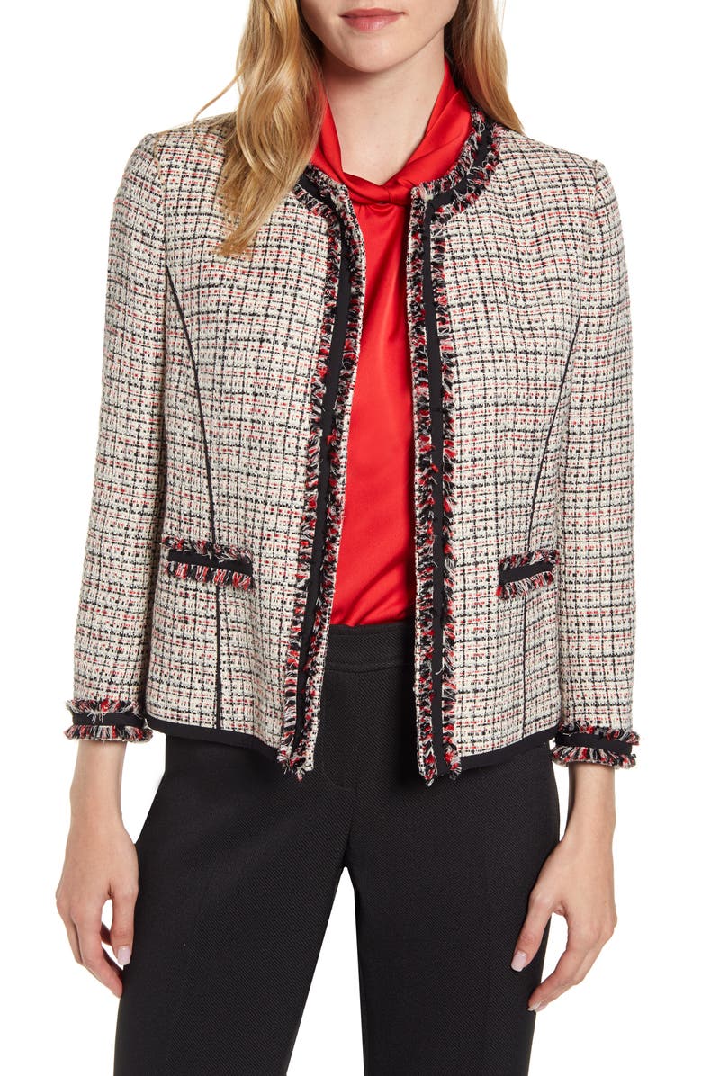 Anne Klein Fringe Detail Collarless Tweed Jacket | Nordstrom