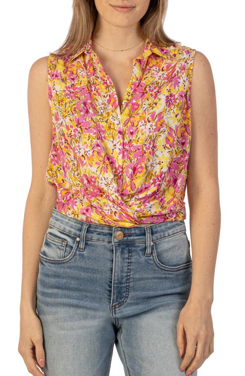 Kut From The Kloth Renata Floral Front Twist Sleeveless Button-up Top In Cordoba-pink/yo