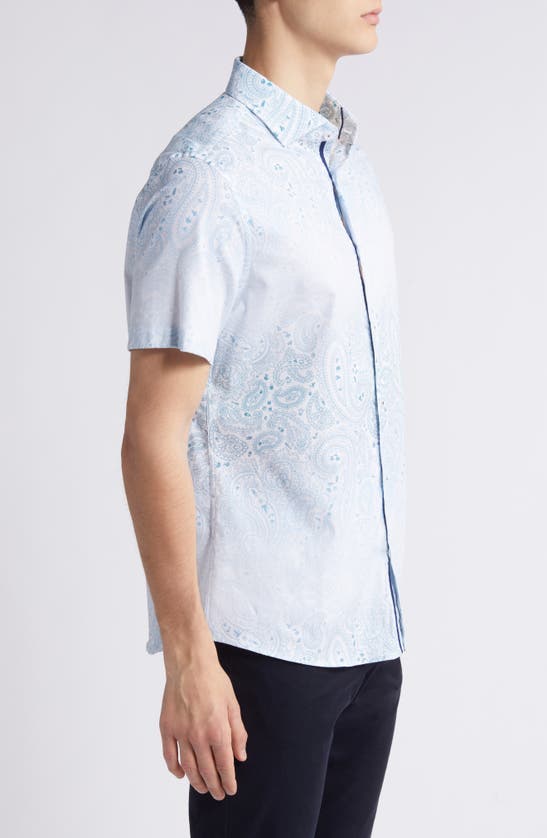 Shop Stone Rose Paisley Short Sleeve Trim Fit Button-up Shirt In Light Blue