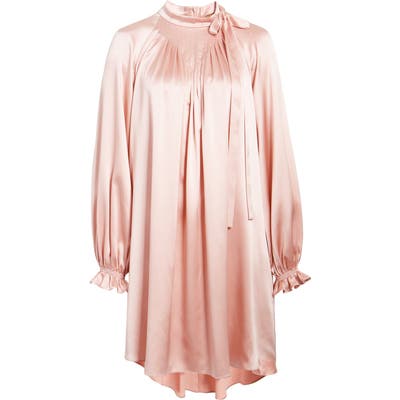 Adam Lippes Tie Neck Long Sleeve Silk Charmeuse Minidress, Pink