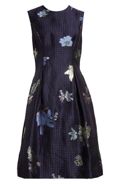 Shop Lela Rose Betsy Metallic Floral & Gingham Jacquard Dress In Navy