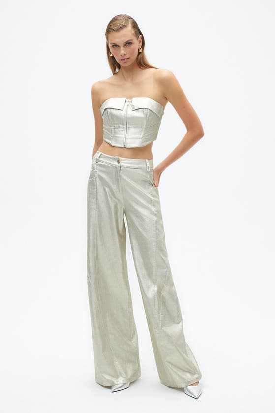 Shop Nocturne Metallic Printed Pants In Metallic Gold