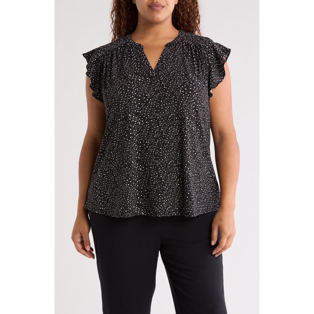 Shop Adrianna Papell Print Flutter Sleeve Top In Black/ivory Scattered Dot