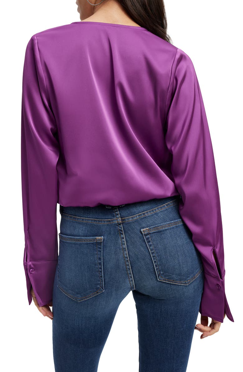 Good American Long Sleeve Stretch Satin Faux Wrap Top, Alternate, color, Pop Thistle005