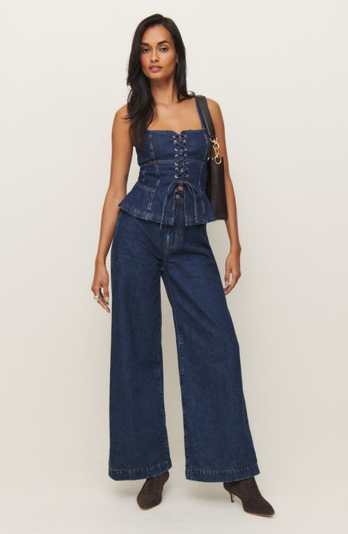 Shop Reformation X Kacey Musgraves Dallas Organic Cotton Blend Denim Corset Top In Elwood