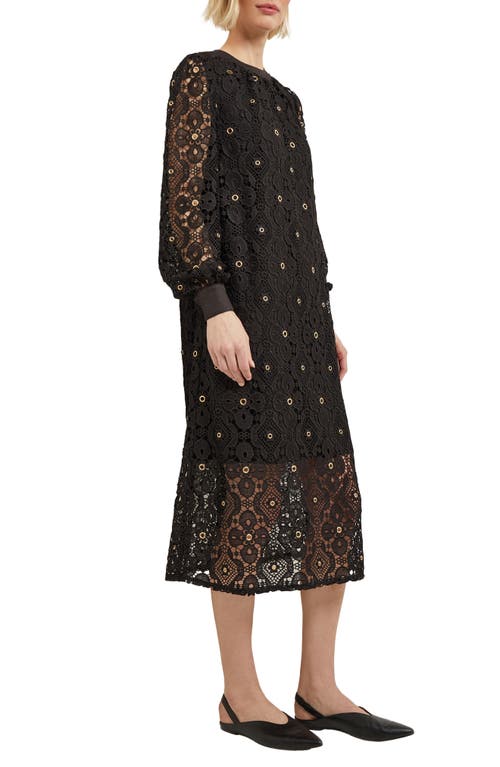Misook Belted Long Sleeve Grommet Lace Midi Dress In Black