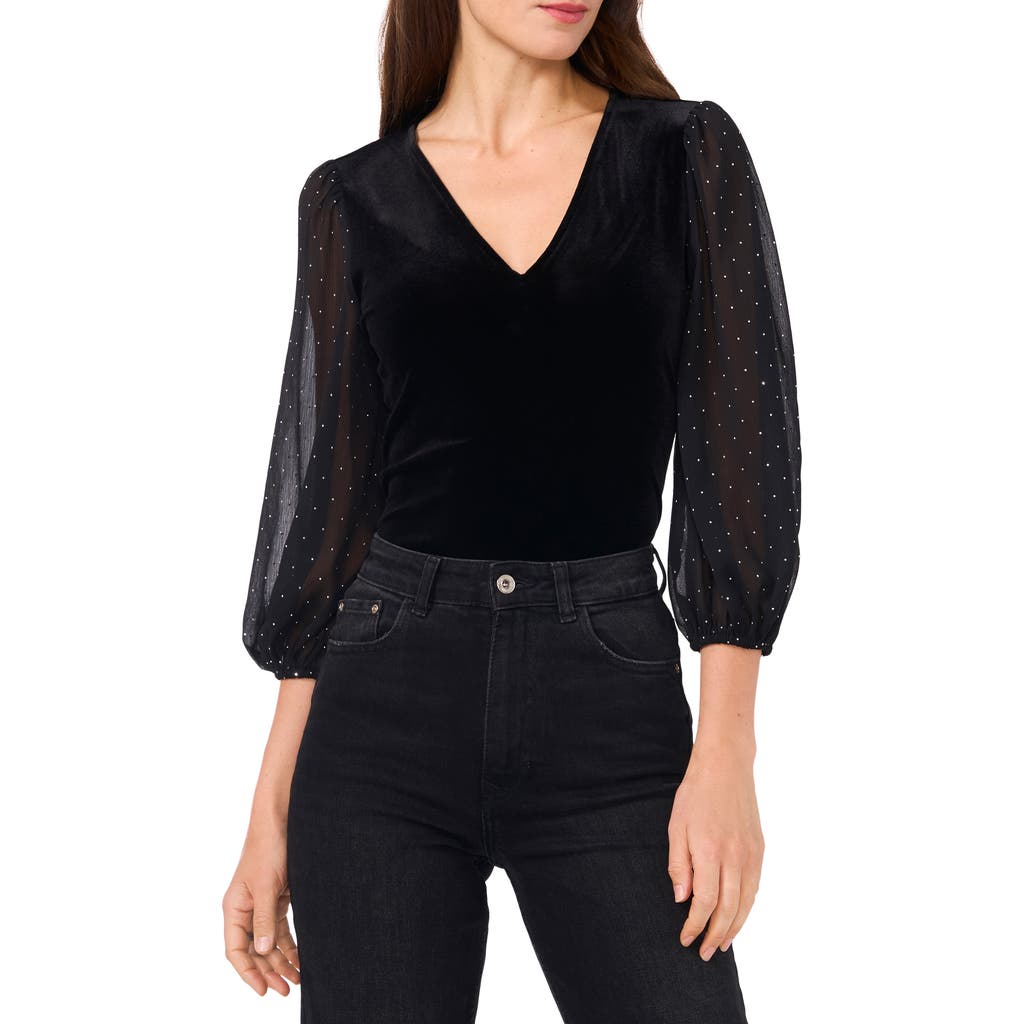 Vince Camuto Crystal Sleeve Detail Mixed Media Top In Rich Black