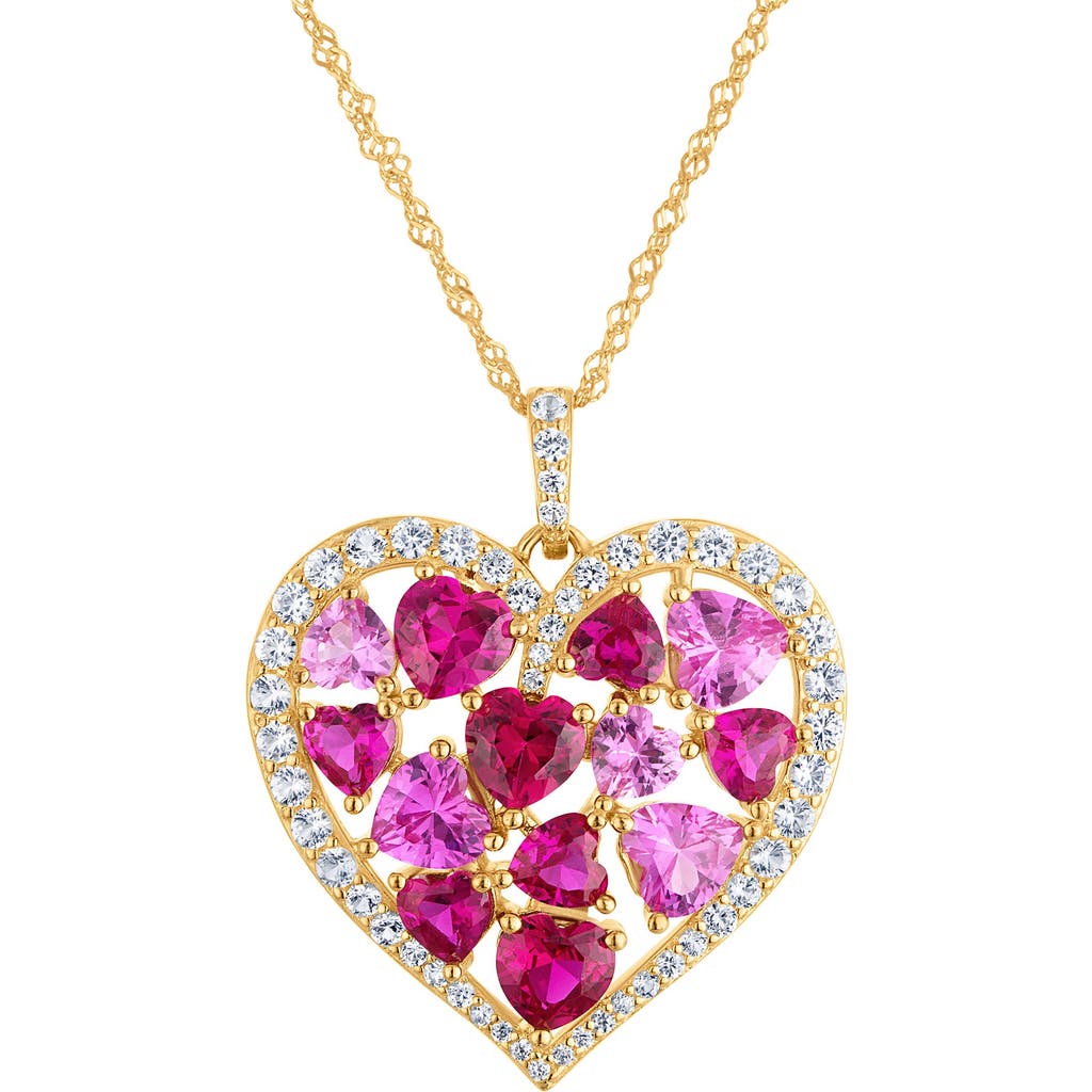 Fzn 14k Gold Plated Sterling Silver Lab Created Pink Sapphire & Ruby Heart Pendant Necklace In Yellow Gold/pink