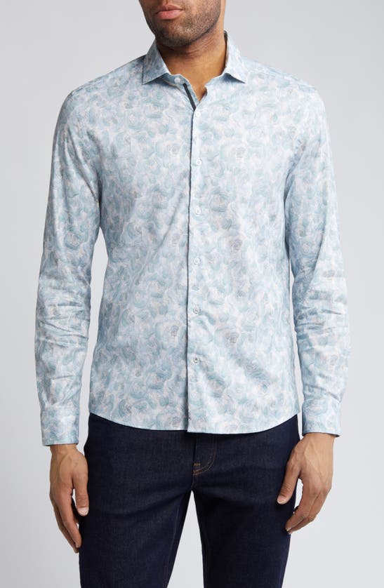 Stone Rose Floral Stretch Button-up Shirt In Aqua