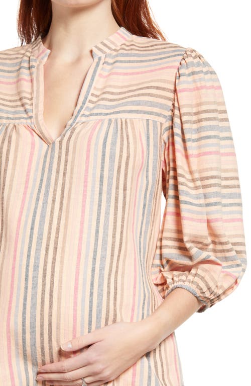 Shop Maternal America N Stripe Puff Sleeve Maternity Blouse In Peach/navy Stripe