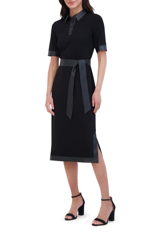 Eliza J Faux Leather Trim Tie Waist Midi Dress In Black