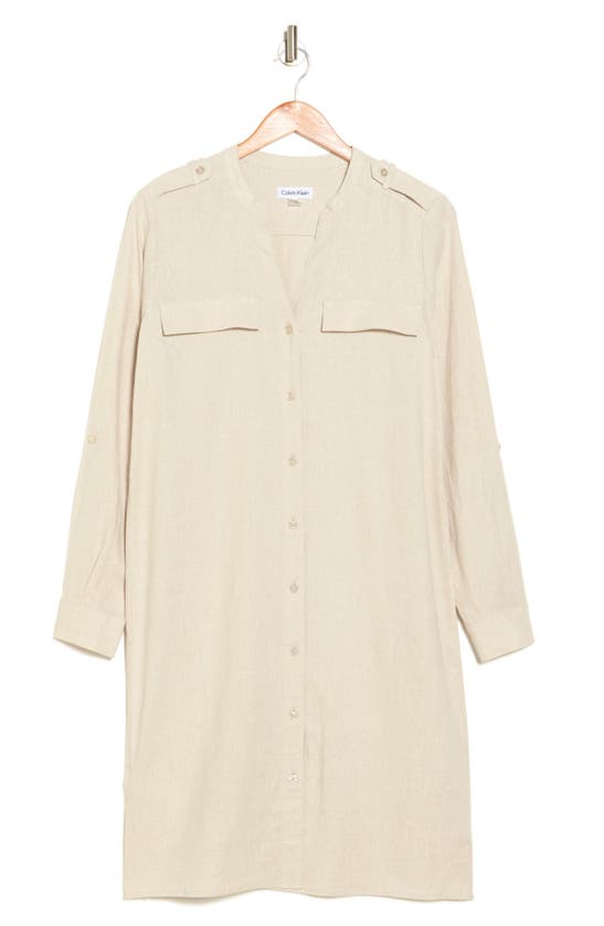 Calvin Klein Front Button Long Sleeve Linen Blend Dress In Neutral