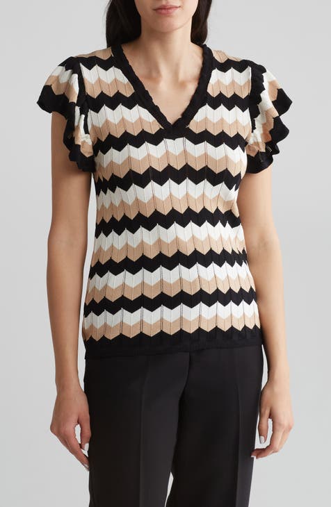 Zigzag Stripe Short Sleeve Pointelle Sweater