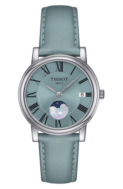 Tissot T-Classic Carson Premium Moonphase Leather Strap Watch, 32mm in Blue at Nordstrom