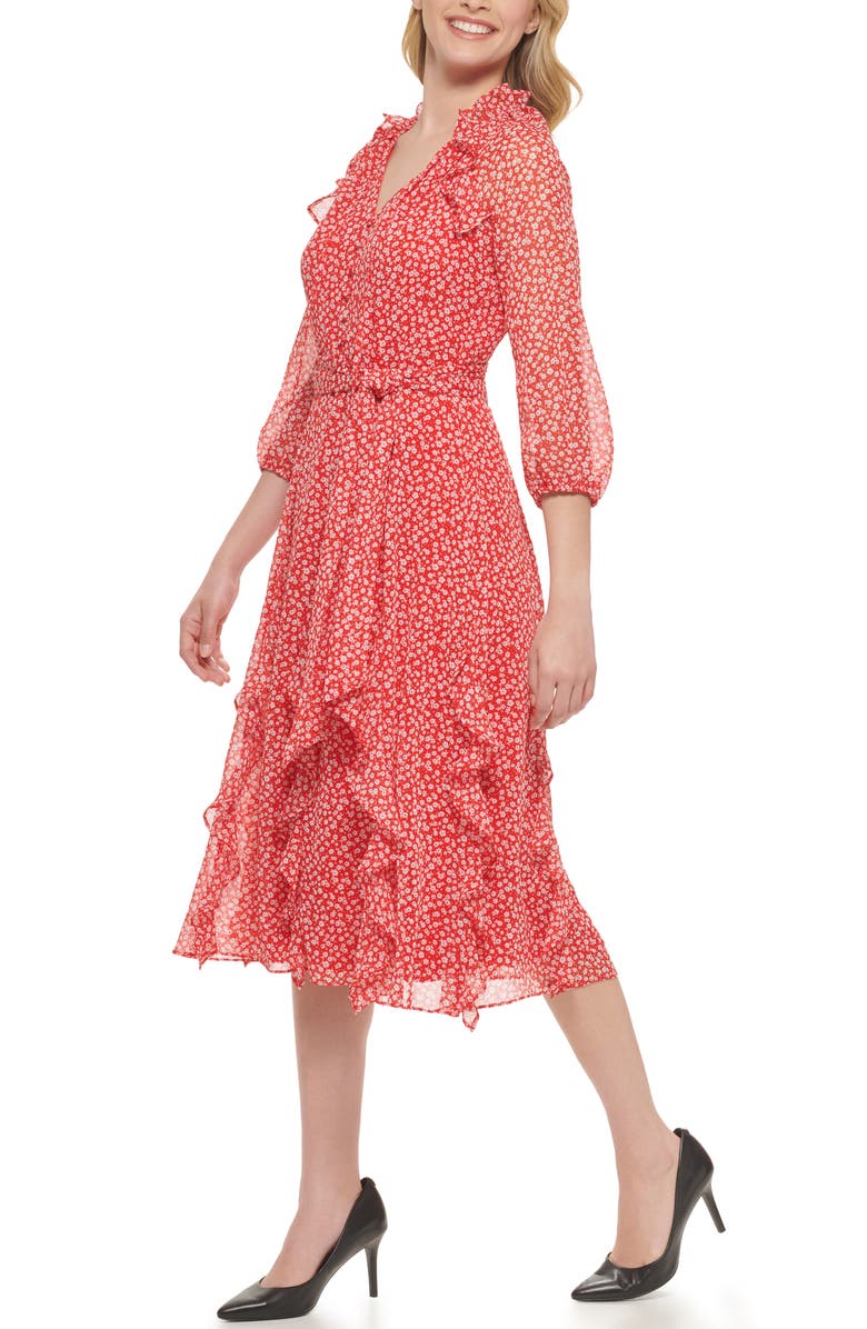 Karl Lagerfeld Paris Floral Ruffle Balloon Sleeve Chiffon Midi Dress