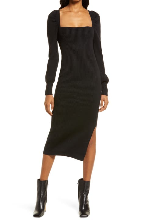 Square Neck Tie Back Puff Long Sleeve Sweater Dress