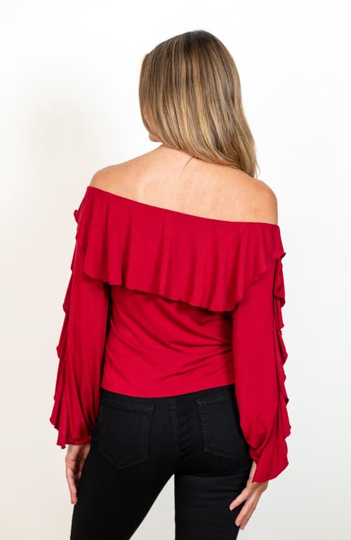 Jjwinks Vixen Built-in Shelf Off-the-shoulder Long Sleeve Ruffle Holiday Top In Crimson