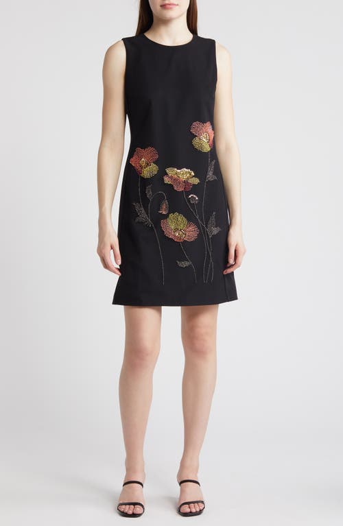 Anne Klein Floral Bead Embroidered Sleeveless Shift Dress Black Multi at Nordstrom,