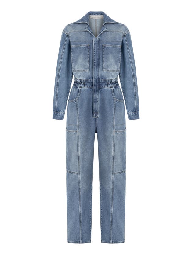 Shop Nocturne Denim Cargo Jumpsuit In Indigo