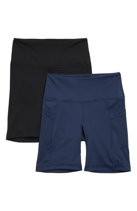 Yogalicious Set Of 2 Lux High Waist Side Pocket Bike Shorts In Dress Blues Black