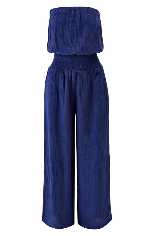 Shop Melissa Odabash Naomi Strapless Cotton Gauze Cover-up Jumpsuit In Navy