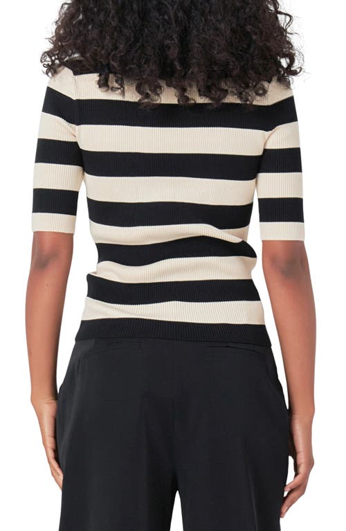 Shop Endless Rose Stripe Short Sleeve Mock Neck Sweater In Black/nude