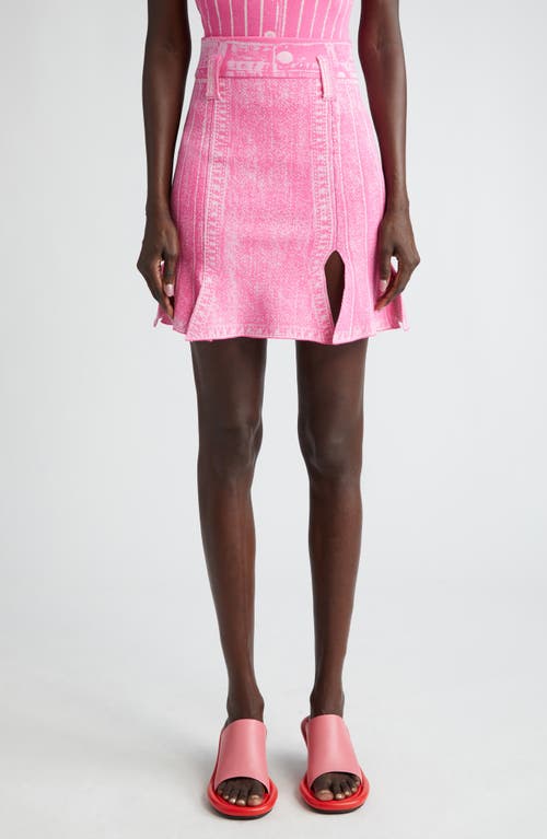 Dahlia Denim Print Knit Carwash Skirt in Pink