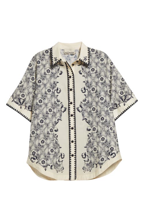 Airlie Floral Cotton & Silk Button-Up Shirt in Navy/Cream