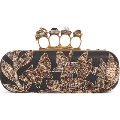 Alexander Mcqueen Crystal Embellished Leather Knuckle Clutch - Black